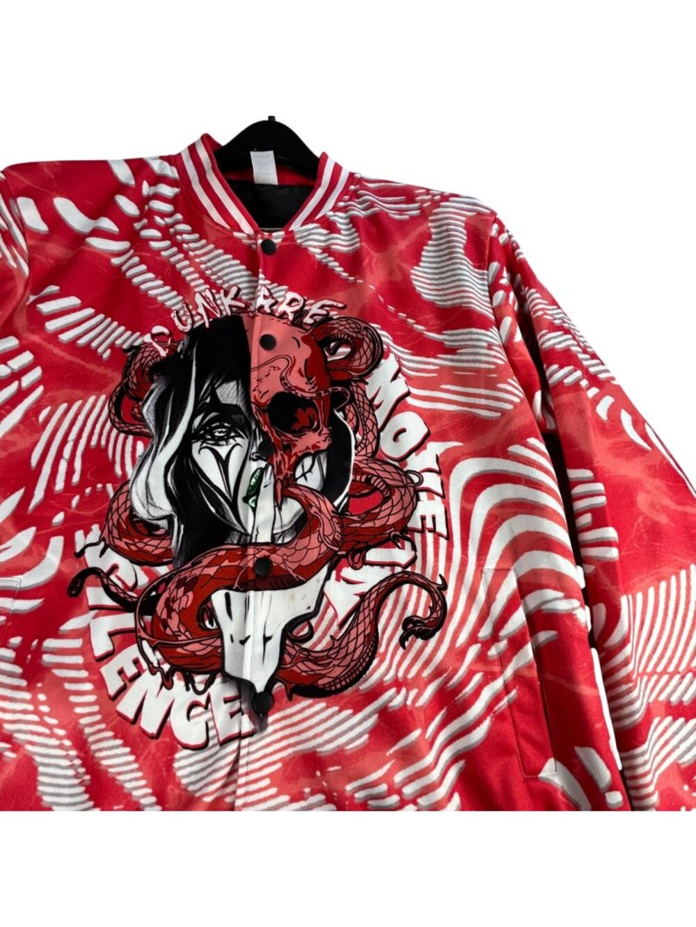 Streetwear Bomber Jacket Sz L Red White Skull & Snake Punk Goth Snap Front